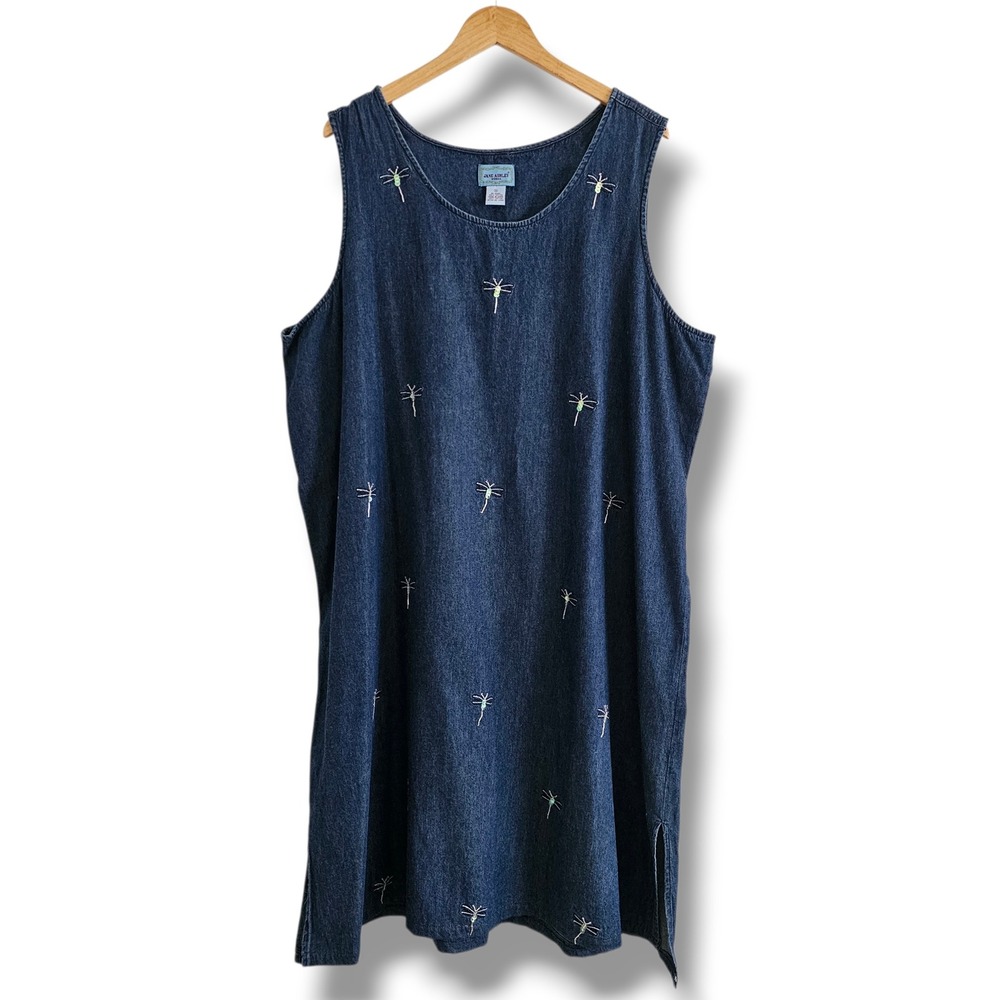 Vintage Jane Ashley Denim Dress‎ 3X Dragonfly Sequin Beaded 90s Blue Jean Whimsy